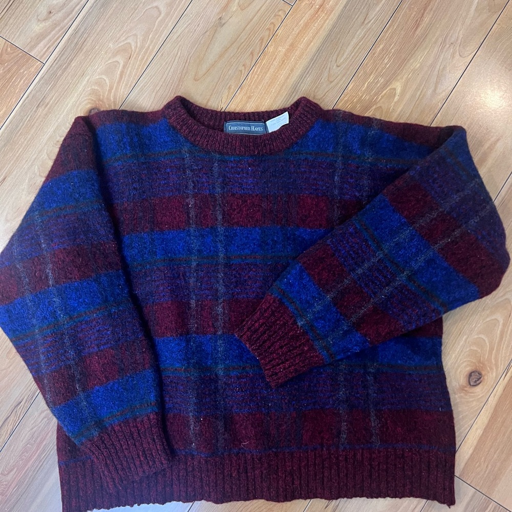 Men's Burgundy and Navy Plaid Vintage Wool Crewneck Sweater